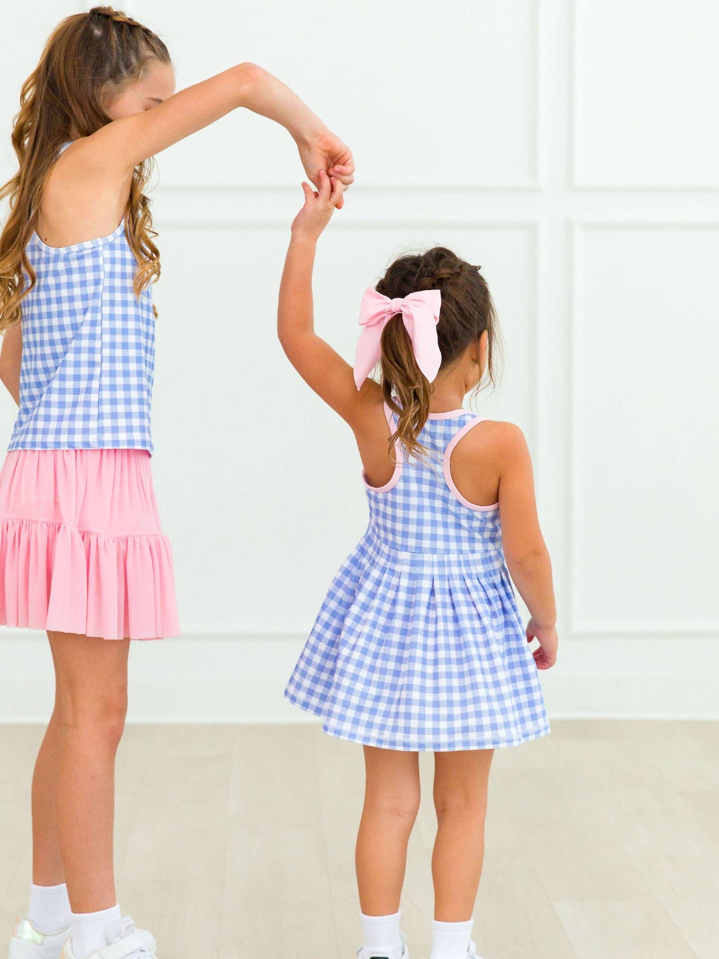 Wholesale Girls Periwinkle Blue Gingham Pleated Skirt Active Dress & Bike Short Set