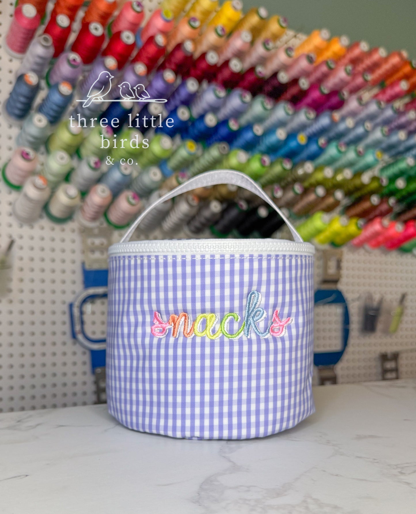 "snacks" Gingham Lilac TRVL Snack Bag