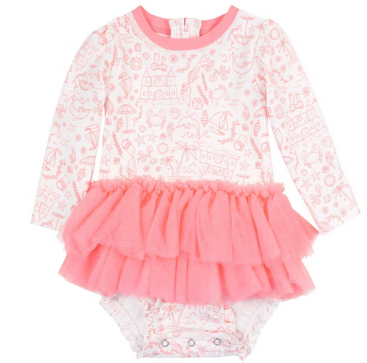 Tulle Skirted One Piece Rash Guard Swimsuit By the Seaside Rufflebutts