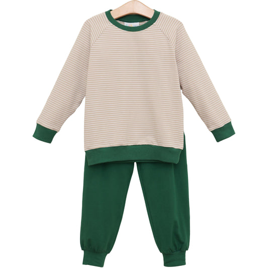 Connor Jogger Set- Tan Stripe/Hunter Green