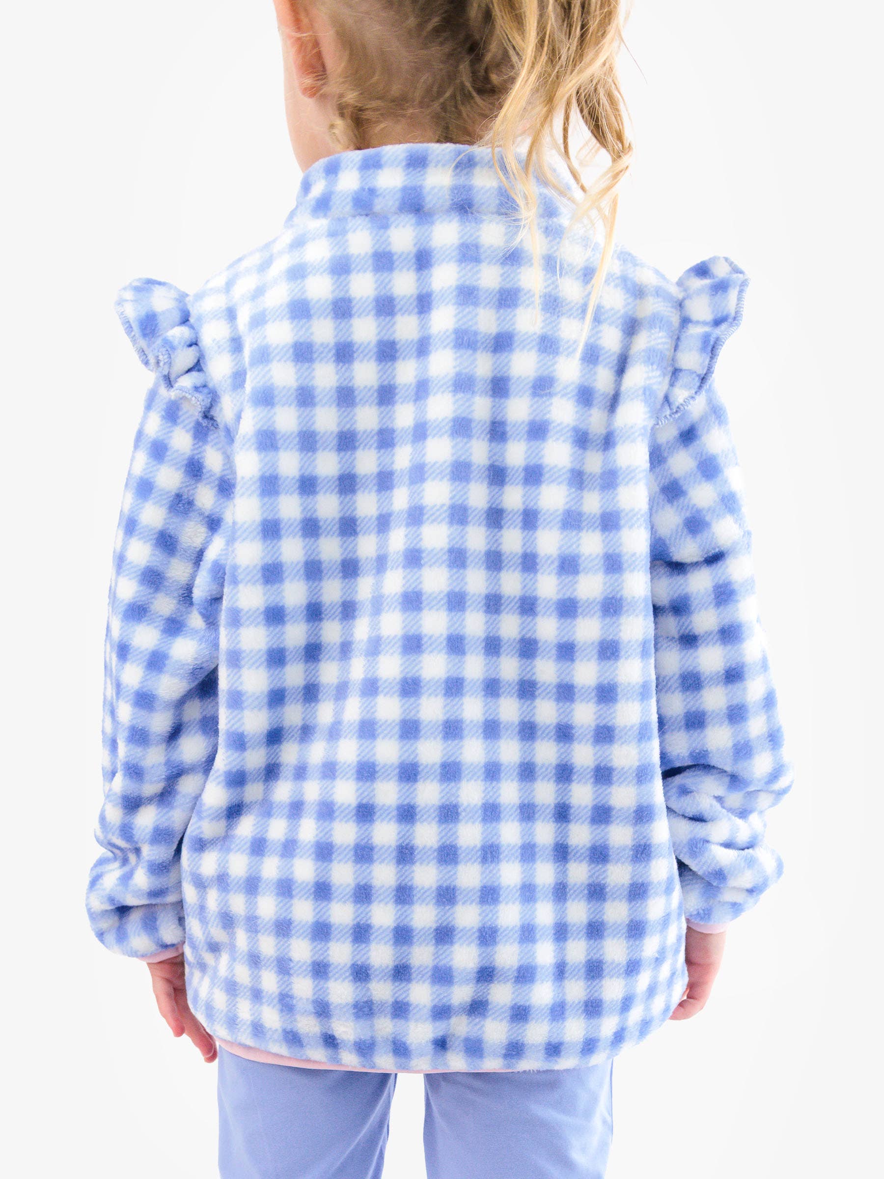 Wholesale Girls Periwinkle Blue Gingham Ruffle Marshmallow Fleece Pullover
