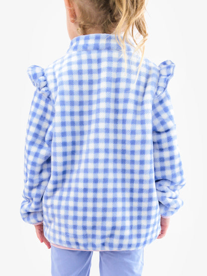 Wholesale Girls Periwinkle Blue Gingham Ruffle Marshmallow Fleece Pullover