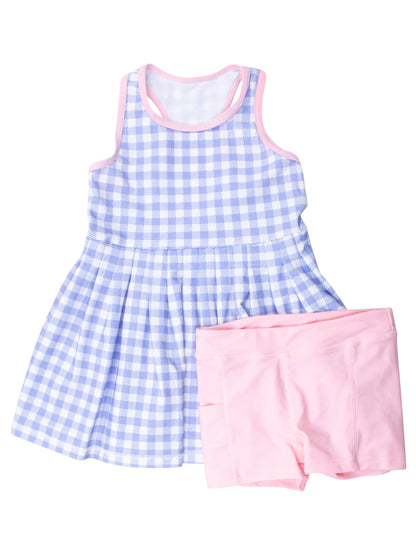 Wholesale Girls Periwinkle Blue Gingham Pleated Skirt Active Dress & Bike Short Set