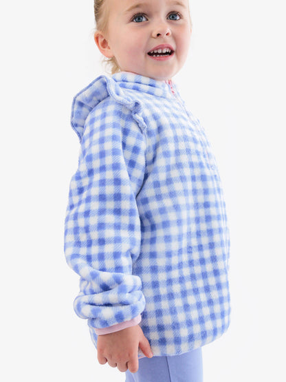 Wholesale Girls Periwinkle Blue Gingham Ruffle Marshmallow Fleece Pullover