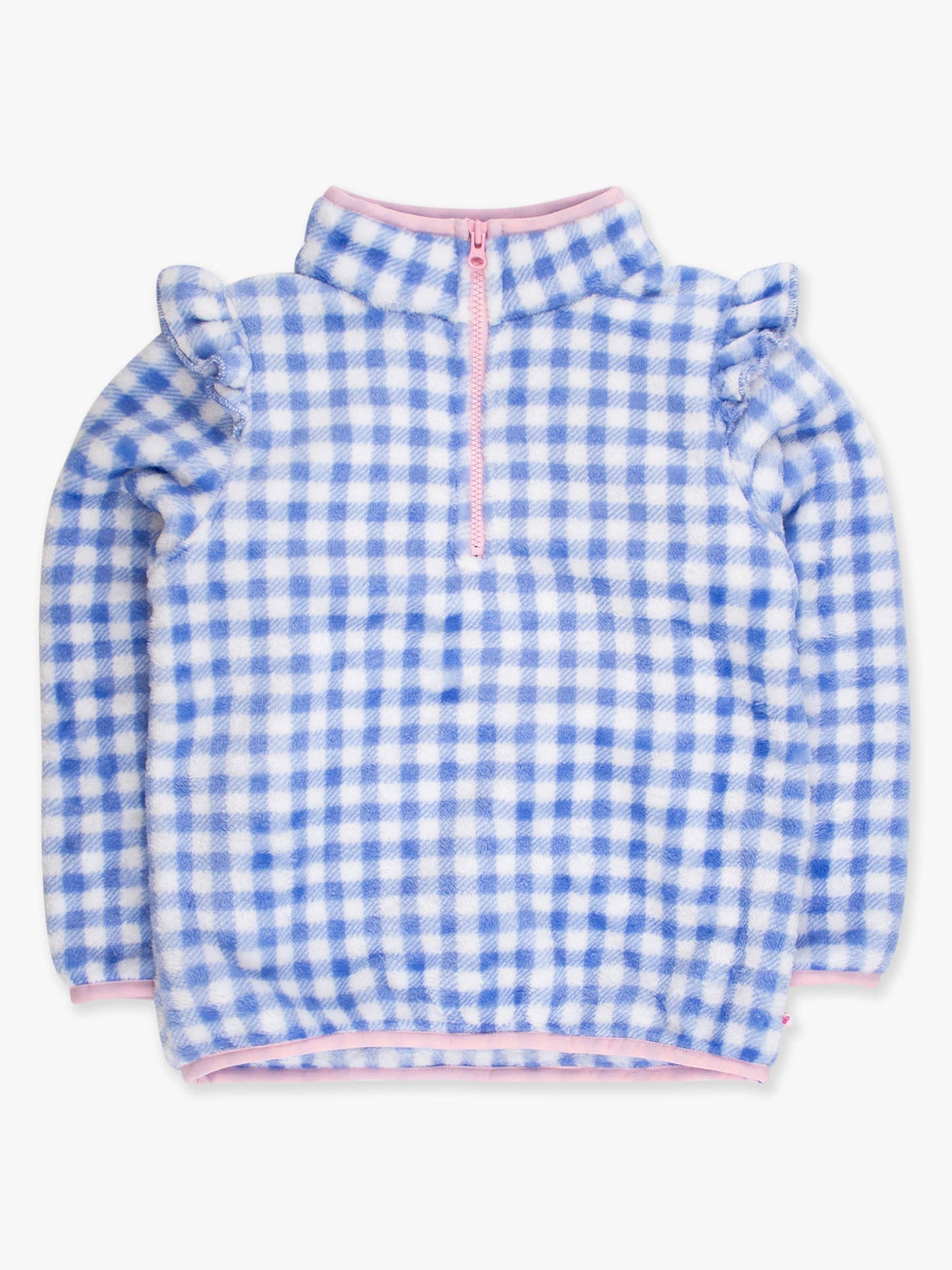 Wholesale Girls Periwinkle Blue Gingham Ruffle Marshmallow Fleece Pullover