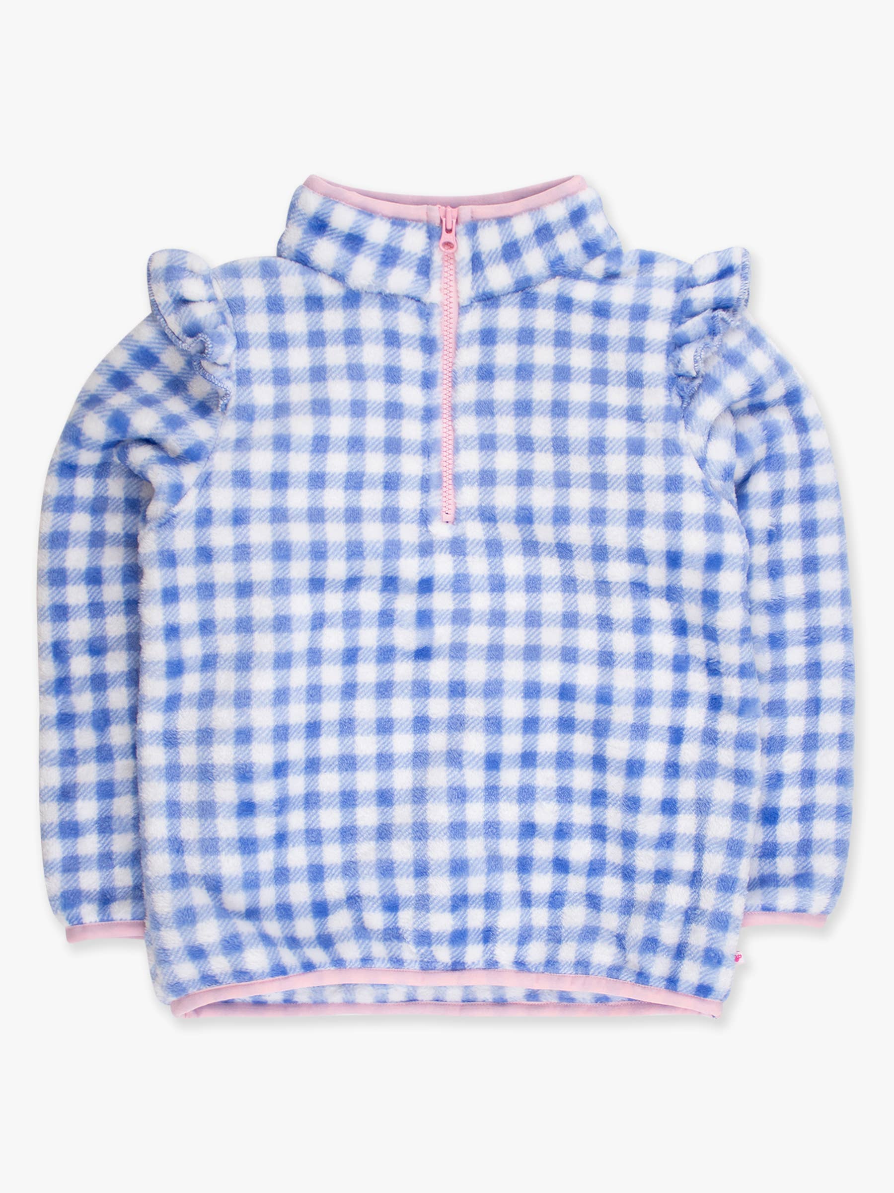 Wholesale Girls Periwinkle Blue Gingham Ruffle Marshmallow Fleece Pullover