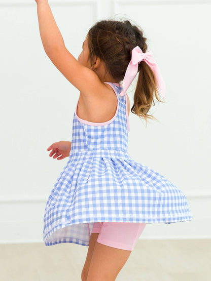 Wholesale Girls Periwinkle Blue Gingham Pleated Skirt Active Dress & Bike Short Set