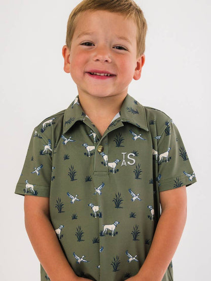 Wholesale Boys Pond Pups Hunting Dog Knit Short Sleeve Performance Polo
