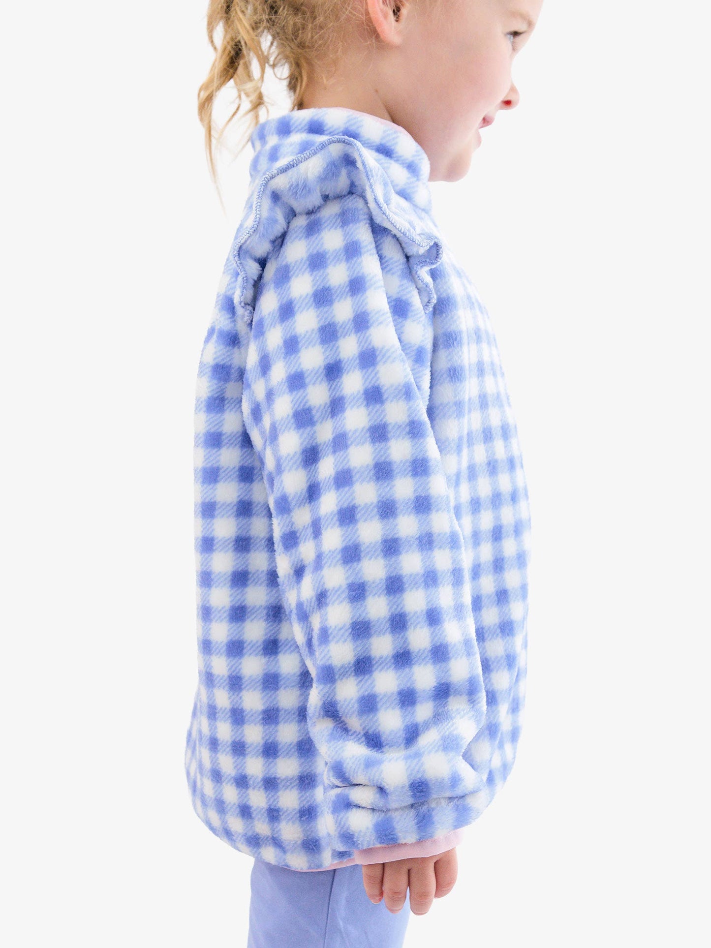 Wholesale Girls Periwinkle Blue Gingham Ruffle Marshmallow Fleece Pullover