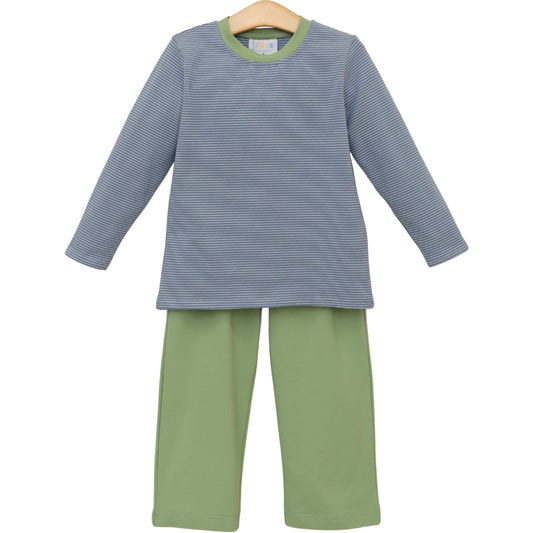 Thomas Pants Set- Dusty Blue Stripe/Sage