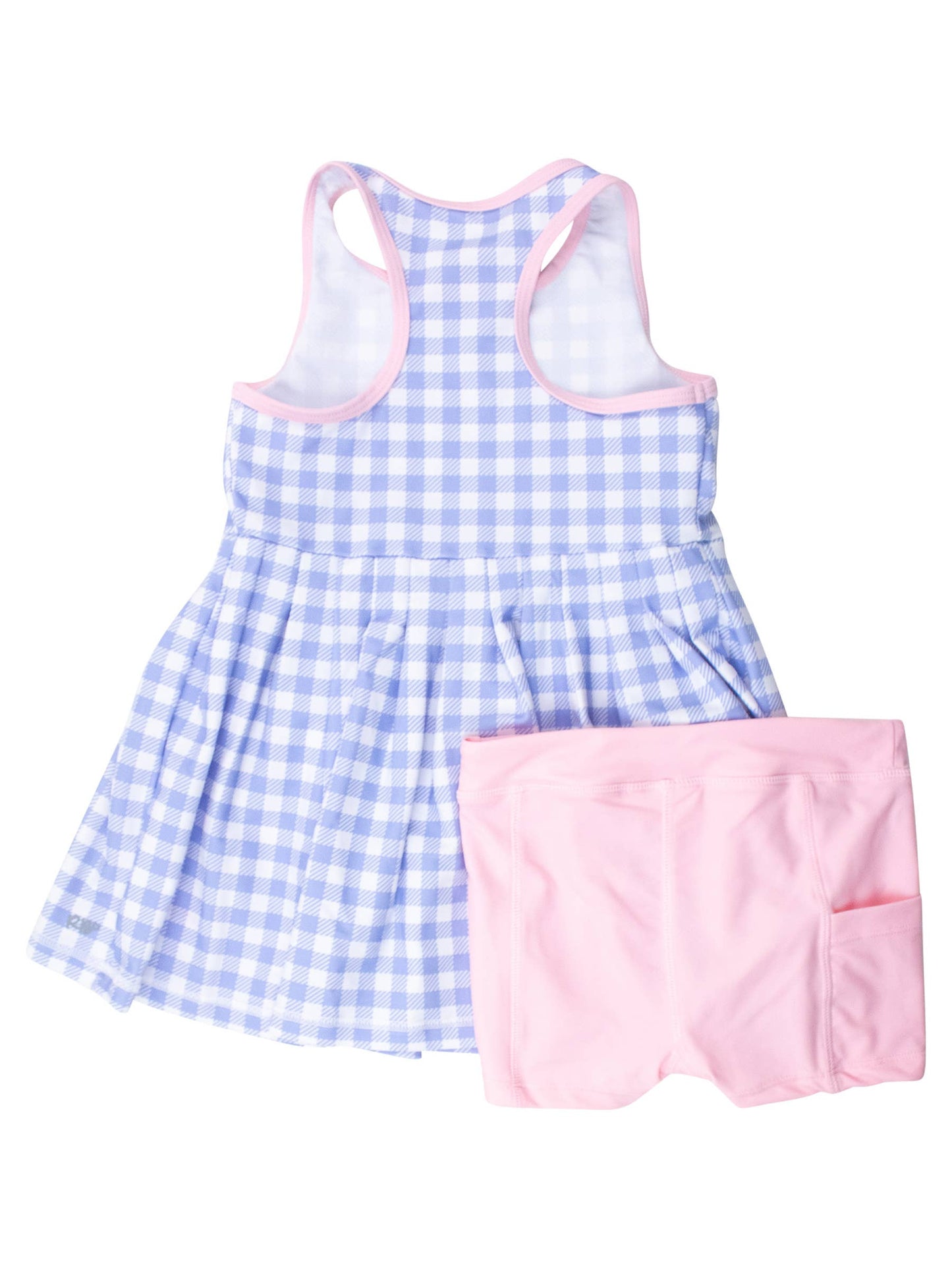 Wholesale Girls Periwinkle Blue Gingham Pleated Skirt Active Dress & Bike Short Set