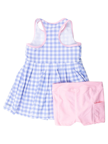Wholesale Girls Periwinkle Blue Gingham Pleated Skirt Active Dress & Bike Short Set