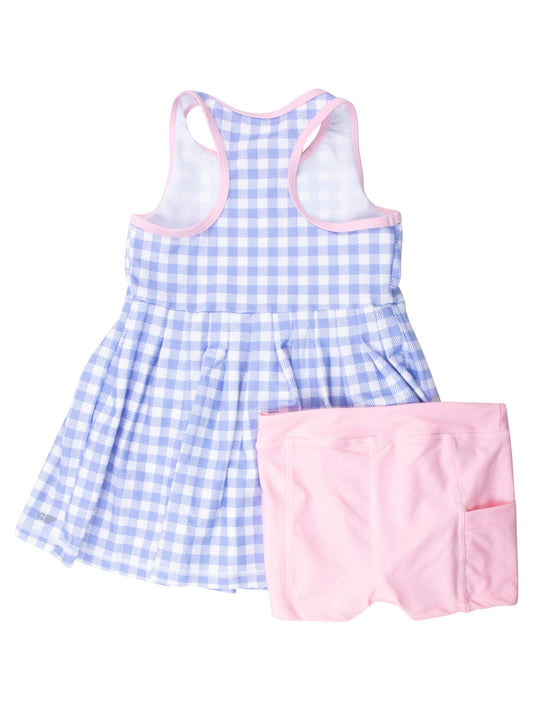 Wholesale Girls Periwinkle Blue Gingham Pleated Skirt Active Dress & Bike Short Set