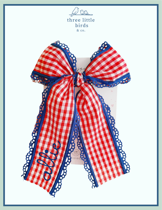 Patriotic Red Gingham Lace Long Tail Trim Bow