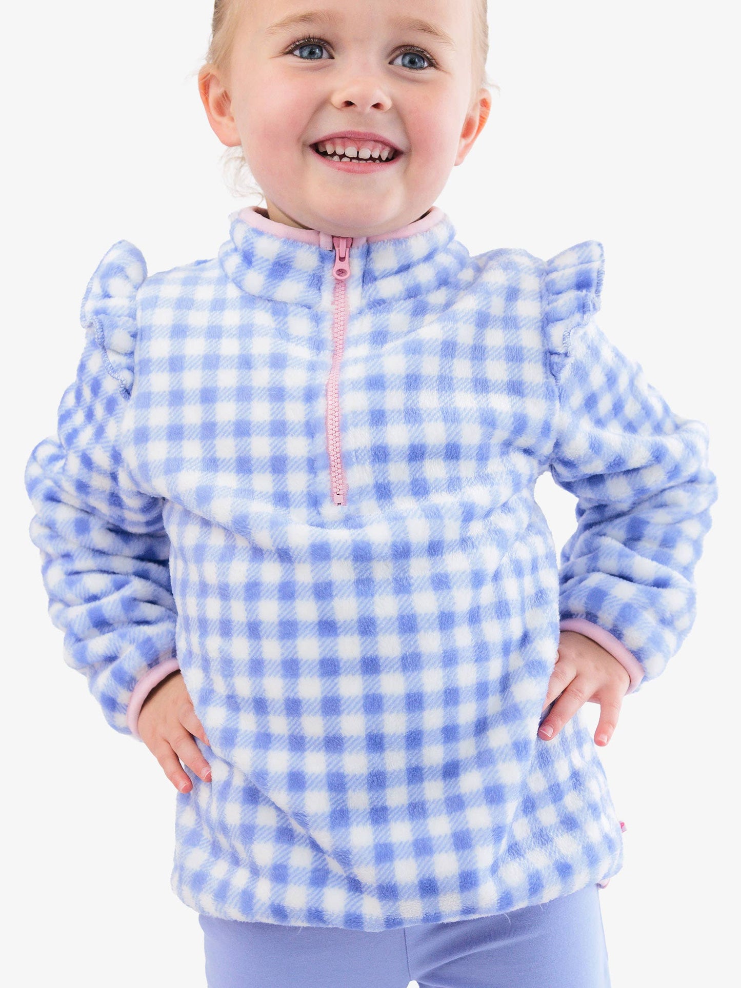 Wholesale Girls Periwinkle Blue Gingham Ruffle Marshmallow Fleece Pullover