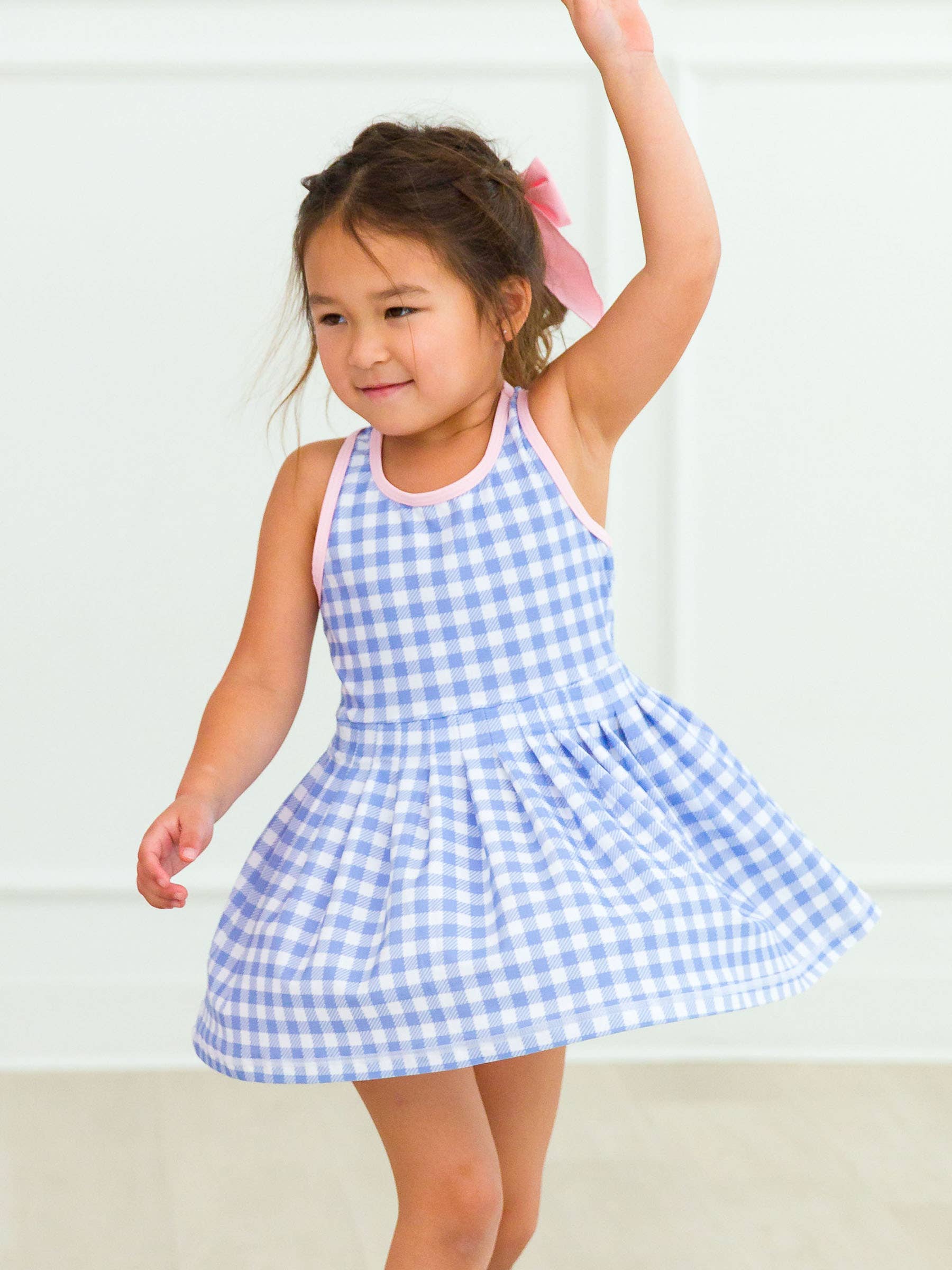 Wholesale Girls Periwinkle Blue Gingham Pleated Skirt Active Dress & Bike Short Set