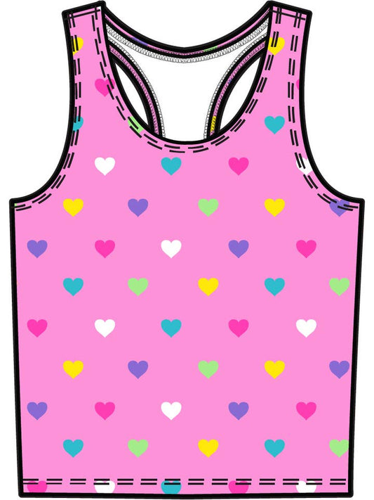 Girls Neon Pink Colorful Hearts Active Tank Top