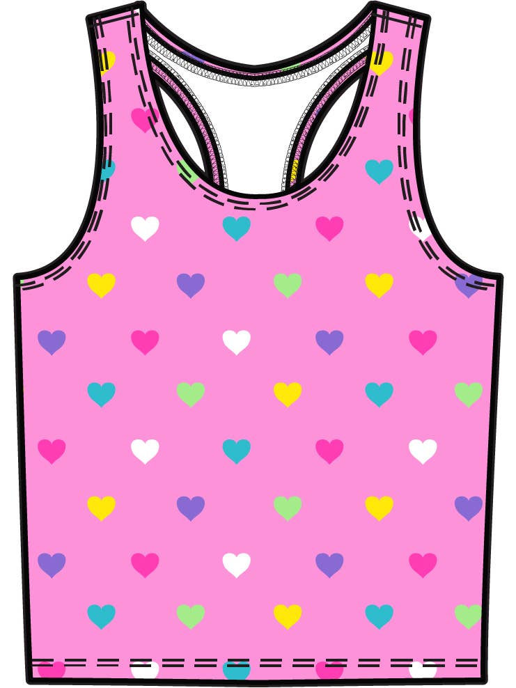 Girls Neon Pink Colorful Hearts Active Tank Top