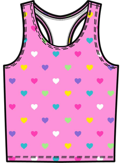 Girls Neon Pink Colorful Hearts Active Tank Top
