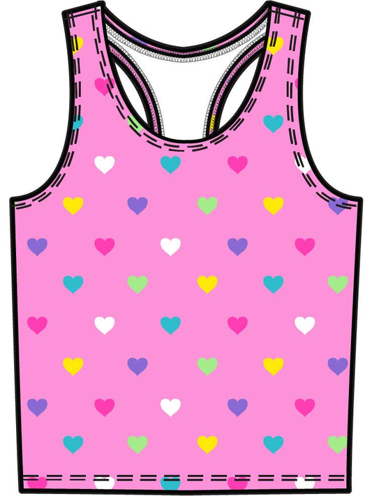 Girls Neon Pink Colorful Hearts Active Tank Top