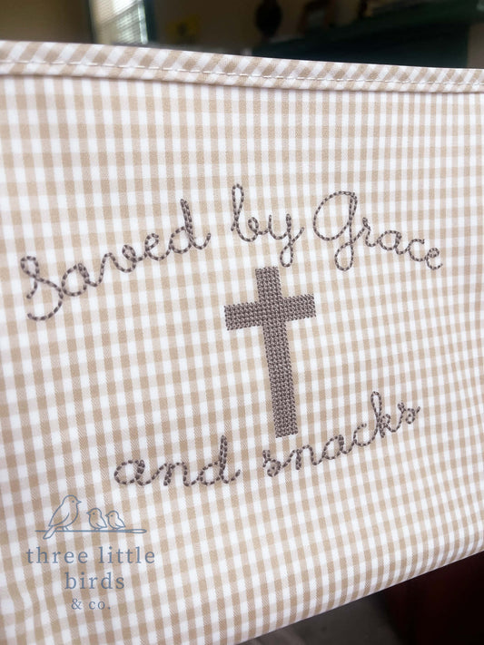 "Saved by Grace and Snacks" Gingham Khaki Large TRVL Roadie