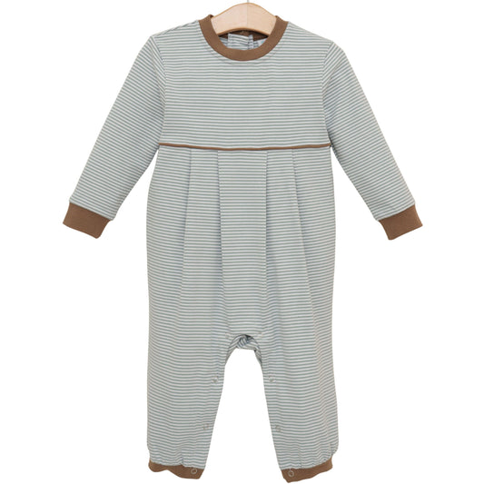 Patrick Romper- Dusty Sage Stripe/Light Brown