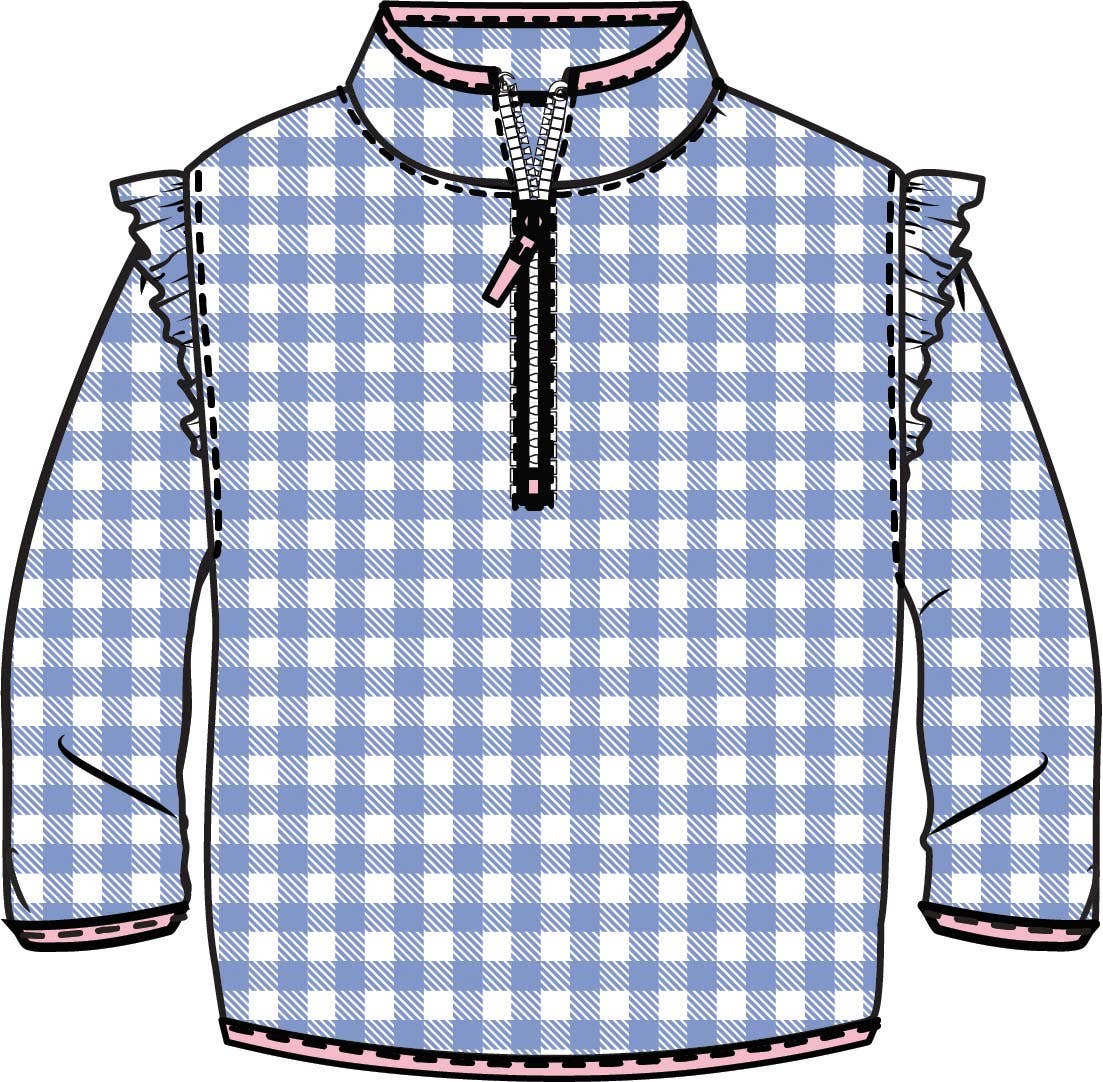 Wholesale Girls Periwinkle Blue Gingham Ruffle Marshmallow Fleece Pullover