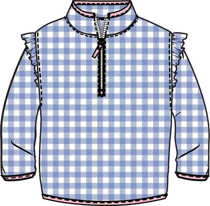 Wholesale Girls Periwinkle Blue Gingham Ruffle Marshmallow Fleece Pullover